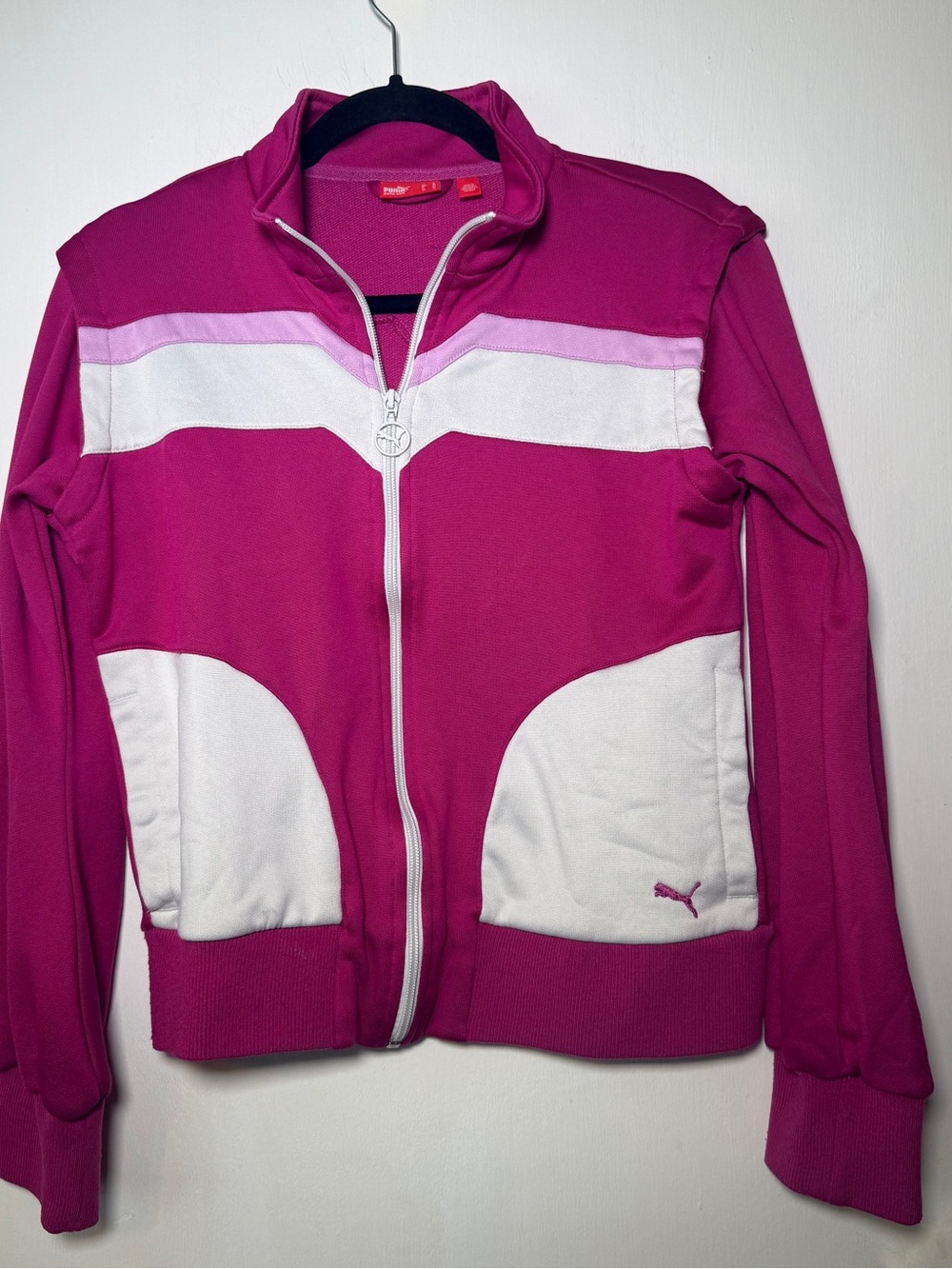 Puma VTG Women's Small or Kids Large Fuchsia and White Zip Track Jacket
